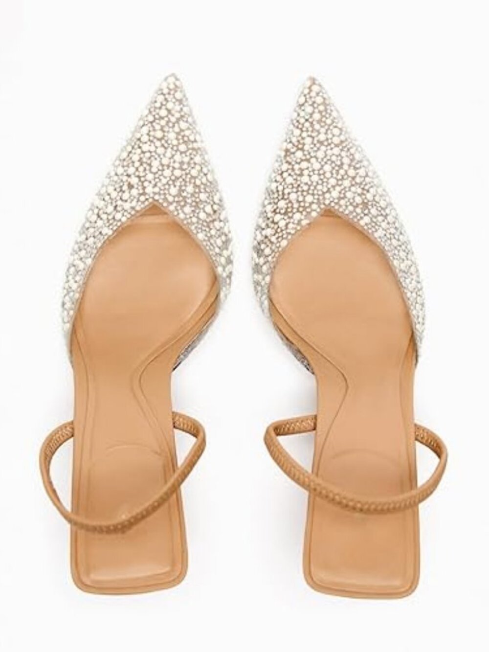 Pearl Studded Clear Slingback Heels Pointed Toe Kitten Mid Heels Wedding Party